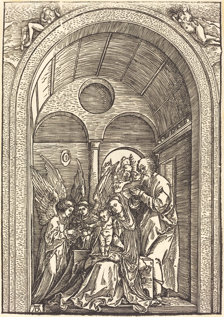 Den hellige familie med to engler i en hvelvet sal av Albrecht Dürer