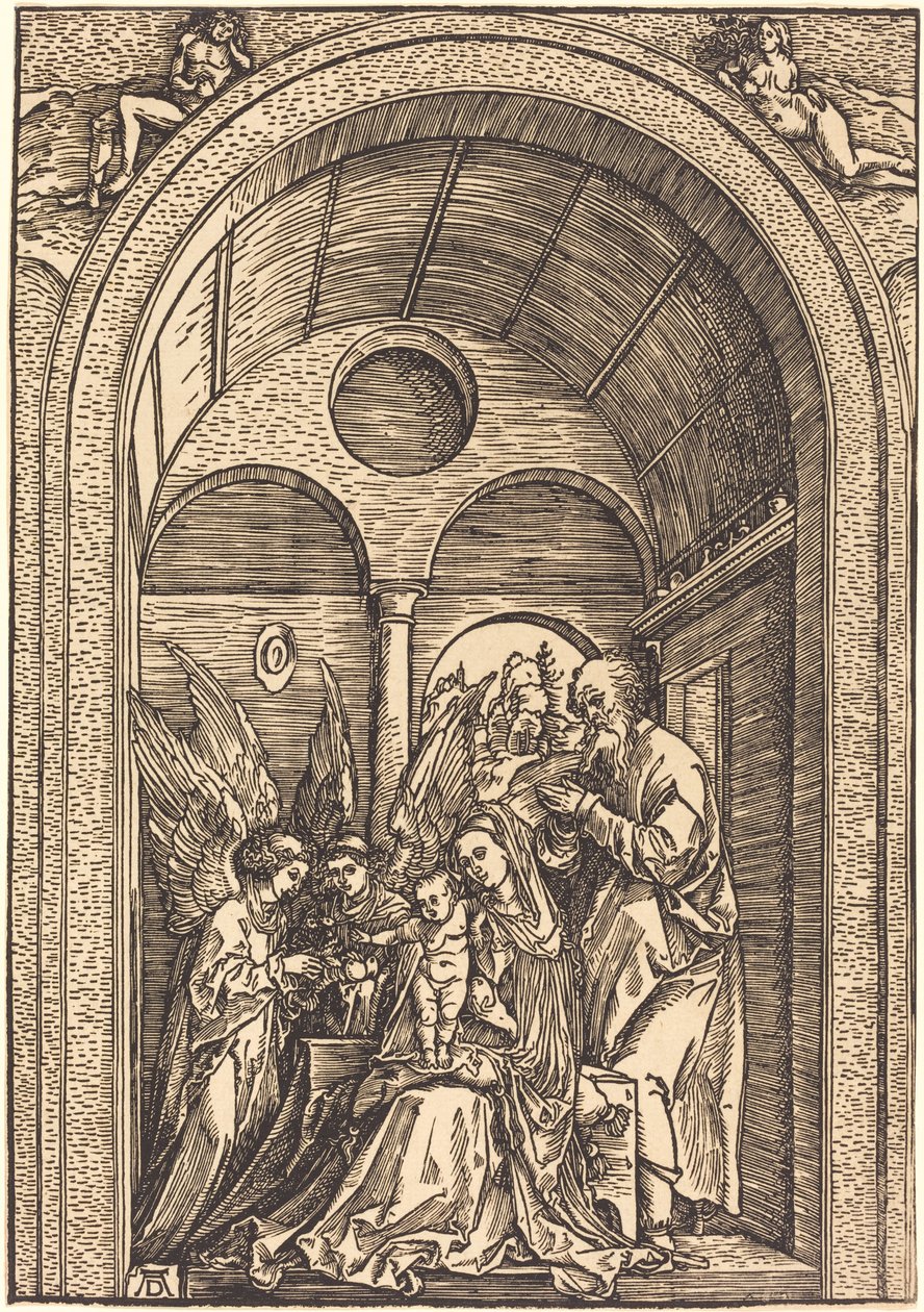 Den hellige familie med to engler i en hvelvet sal av Albrecht Dürer