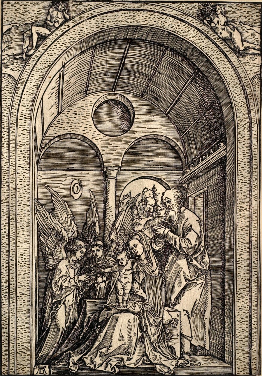 Den hellige familie med to engler i en hvelvet sal av Albrecht Dürer