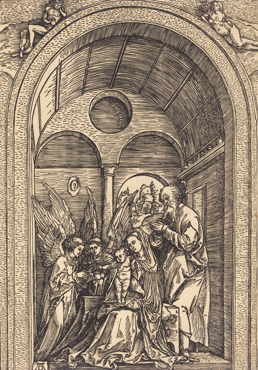 Den hellige familie med to engler i en hvelvet sal, ca. 1504. av Albrecht Dürer