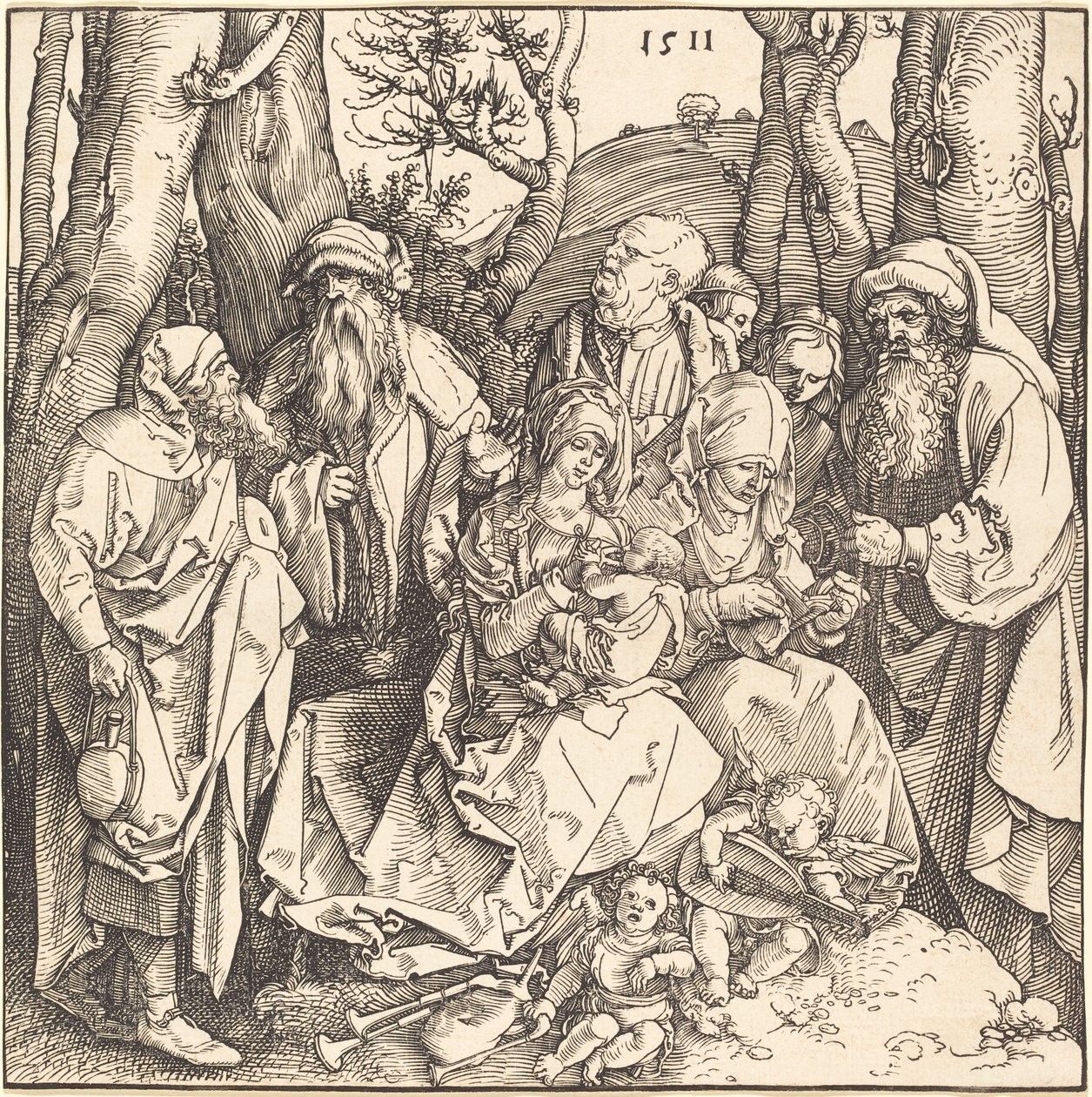 Den hellige familie med to musikkskapende engler av Albrecht Dürer