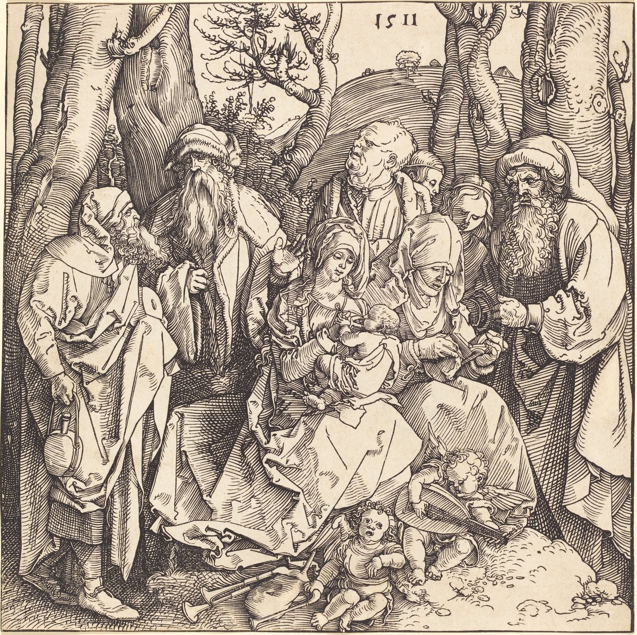 Den hellige familie med to musikkskapende engler av Albrecht Dürer