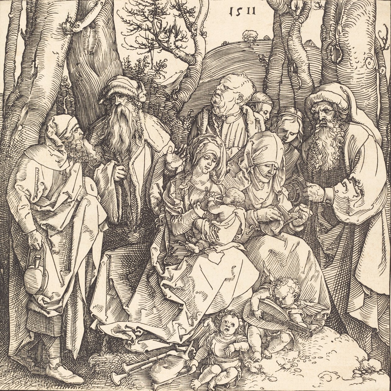 Den hellige familie med to musikkskapende engler, 1511. av Albrecht Dürer