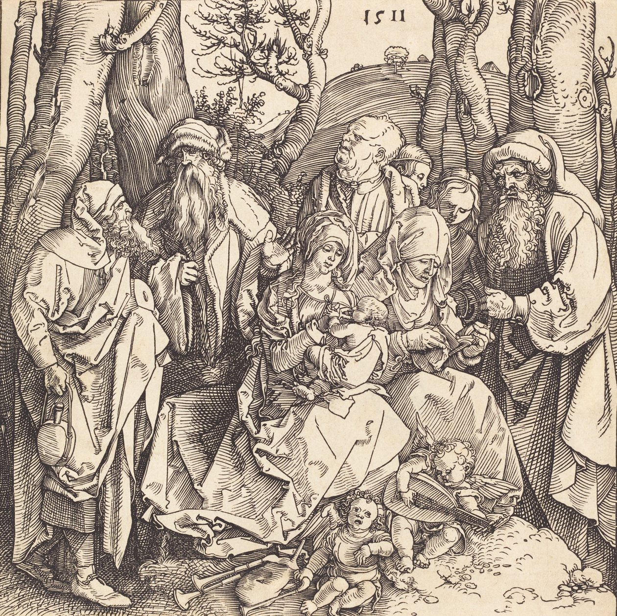 Den hellige familie med to musikkskapende engler, 1511. av Albrecht Dürer