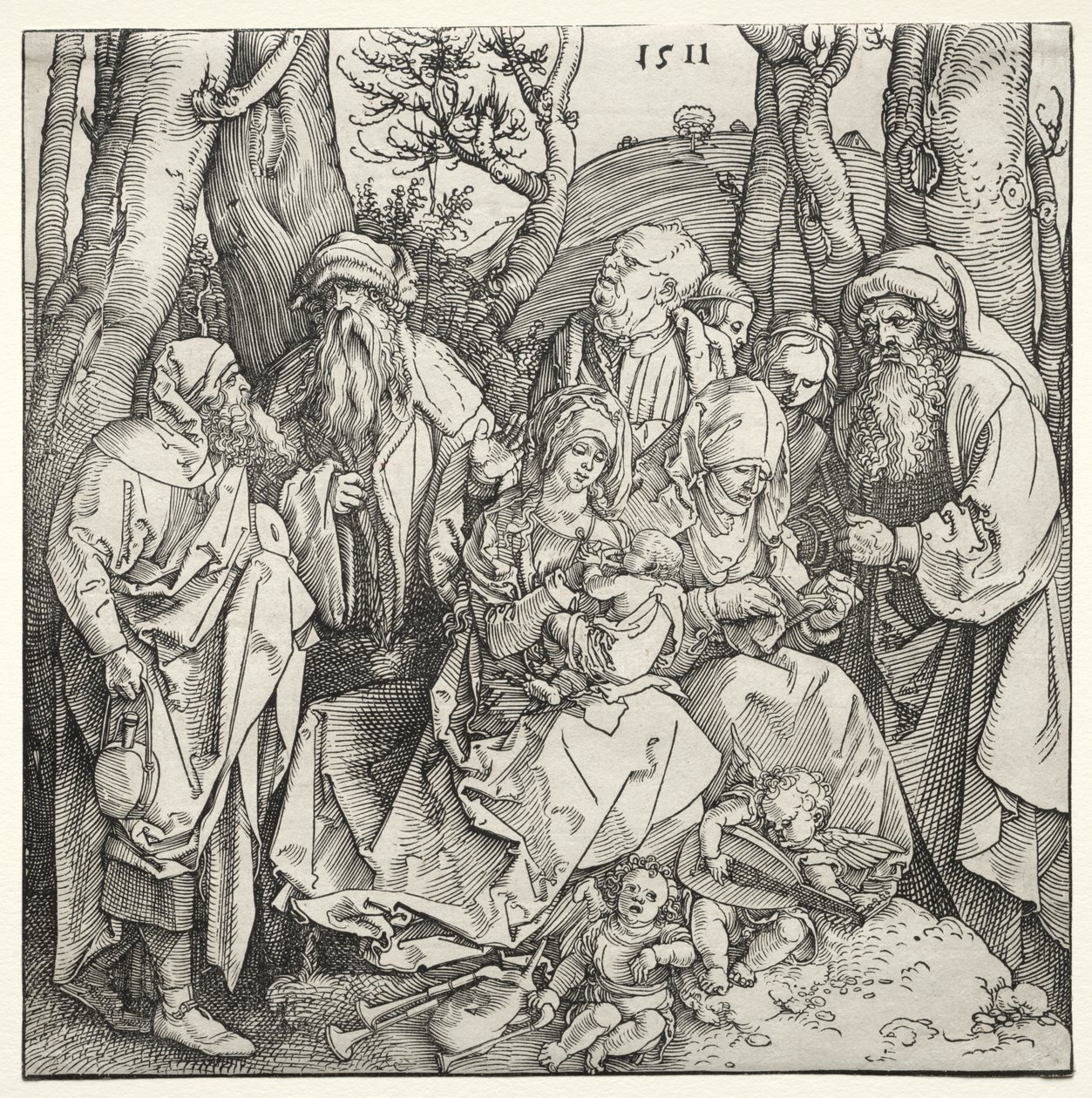 Den hellige familie med to musikerengler av Albrecht Dürer