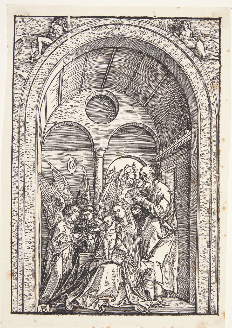 Den hellige familie med to engler i en hvelvet sal av Albrecht Dürer