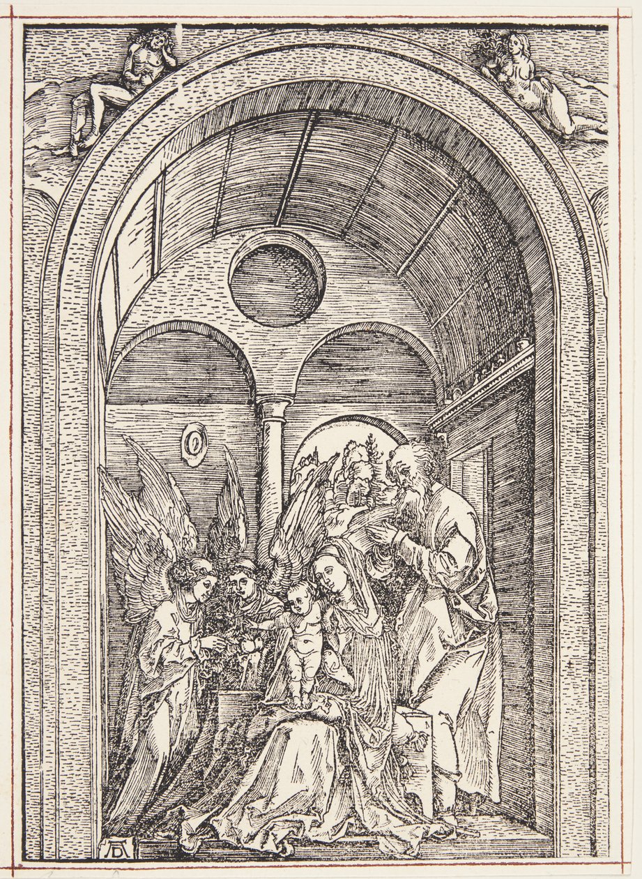 Den hellige familie med to engler i en hvelvet sal av Albrecht Dürer