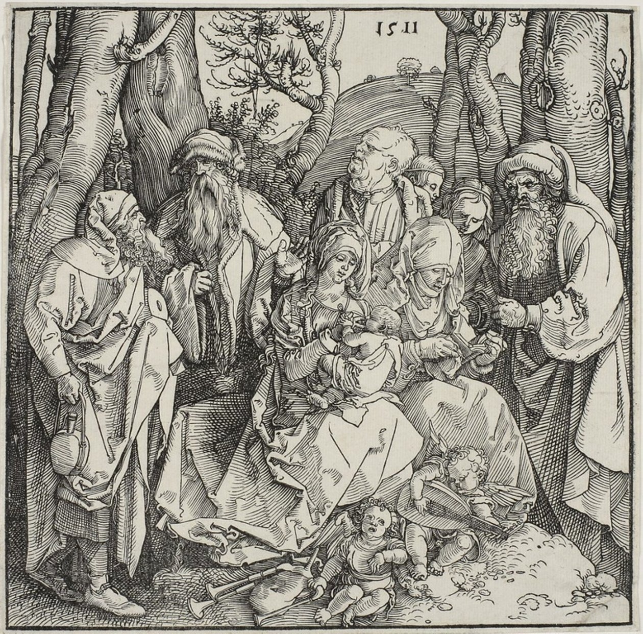 Det hellige slektskap og to musikalske engler av Albrecht Dürer