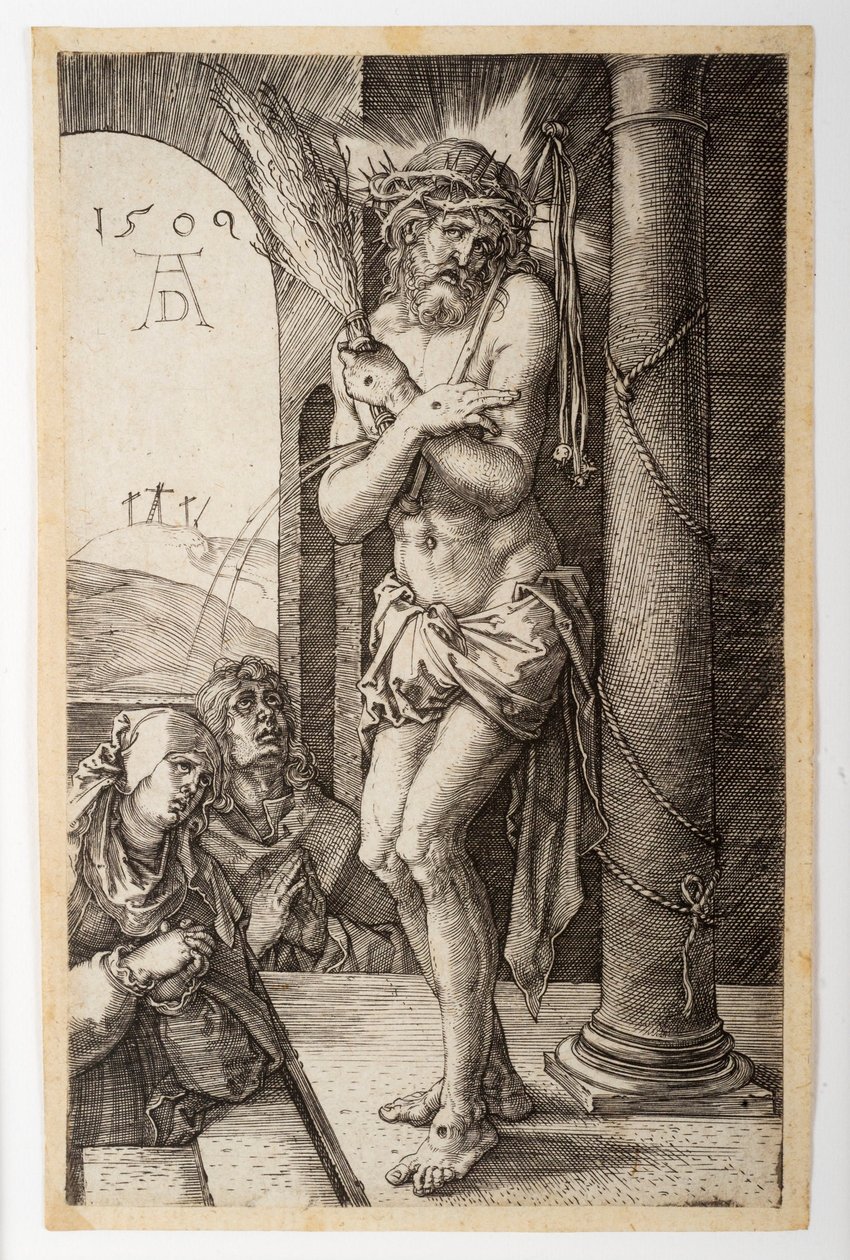 Sorgens mann ved søylen med jomfruen og Johannes, fra den graverte lidenskapen av Albrecht Dürer