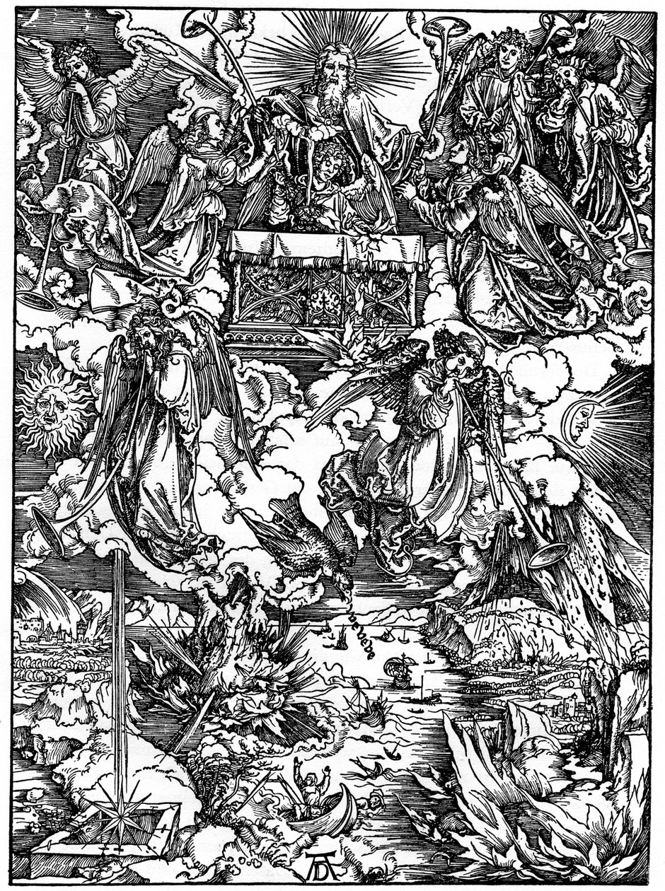 Åpningen av det syvende segl, De syv englene med trompetene, 1498, 1936 av Albrecht Dürer
