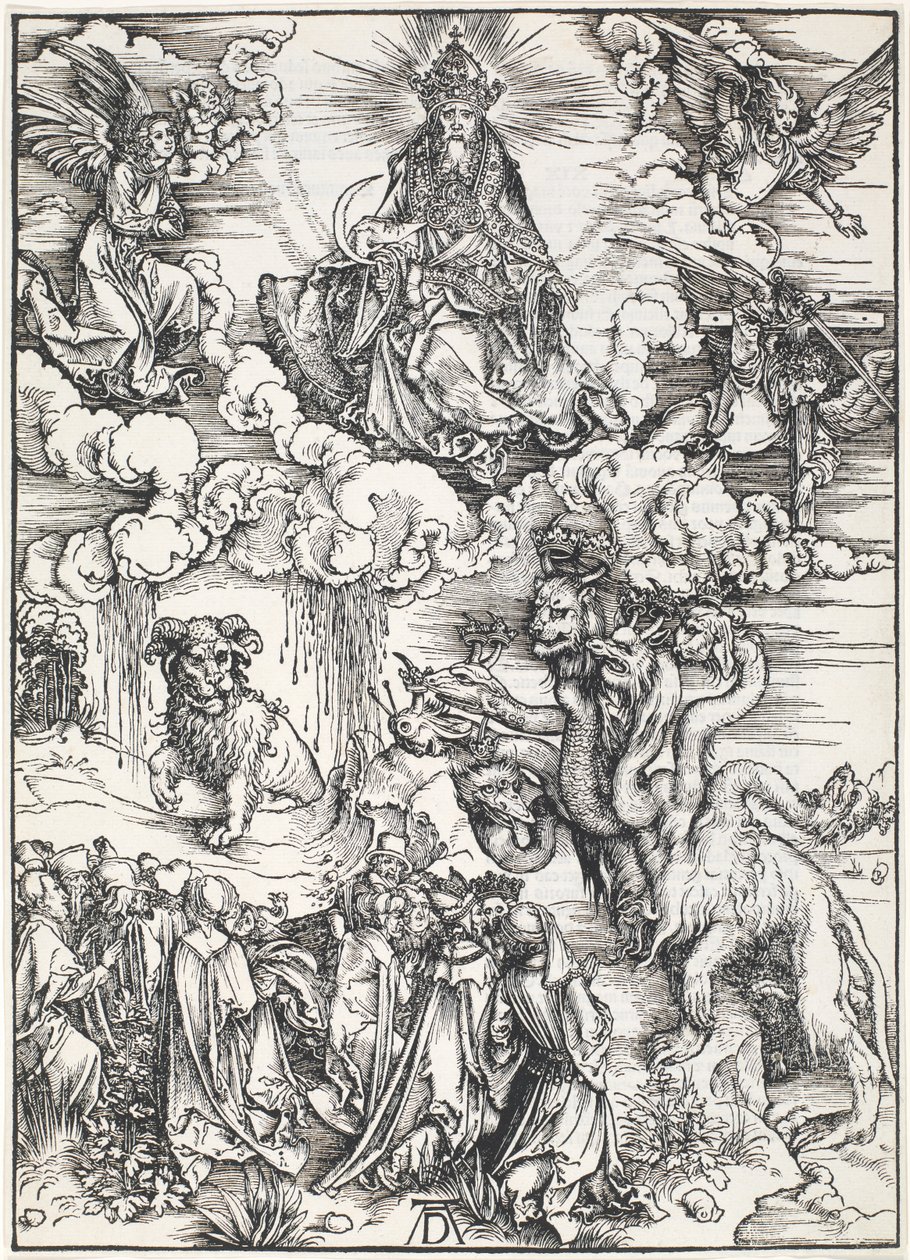 Det syvhodede udyret og udyret med lammehorn, fra The Apocalypse of St. John, 1496-98 av Albrecht Dürer