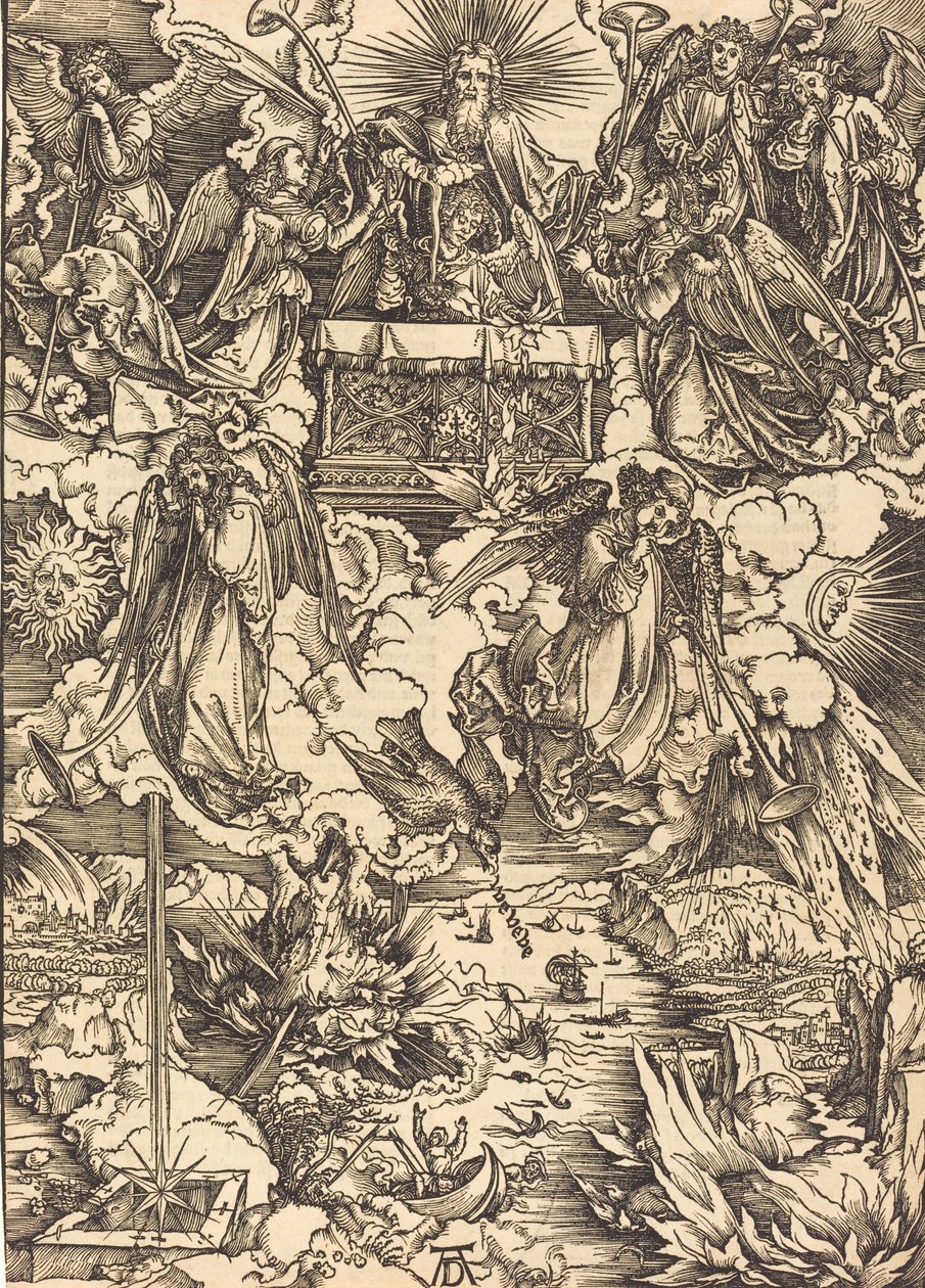De syv englene med trompetene, sannsynligvis ca. 14961498. av Albrecht Dürer
