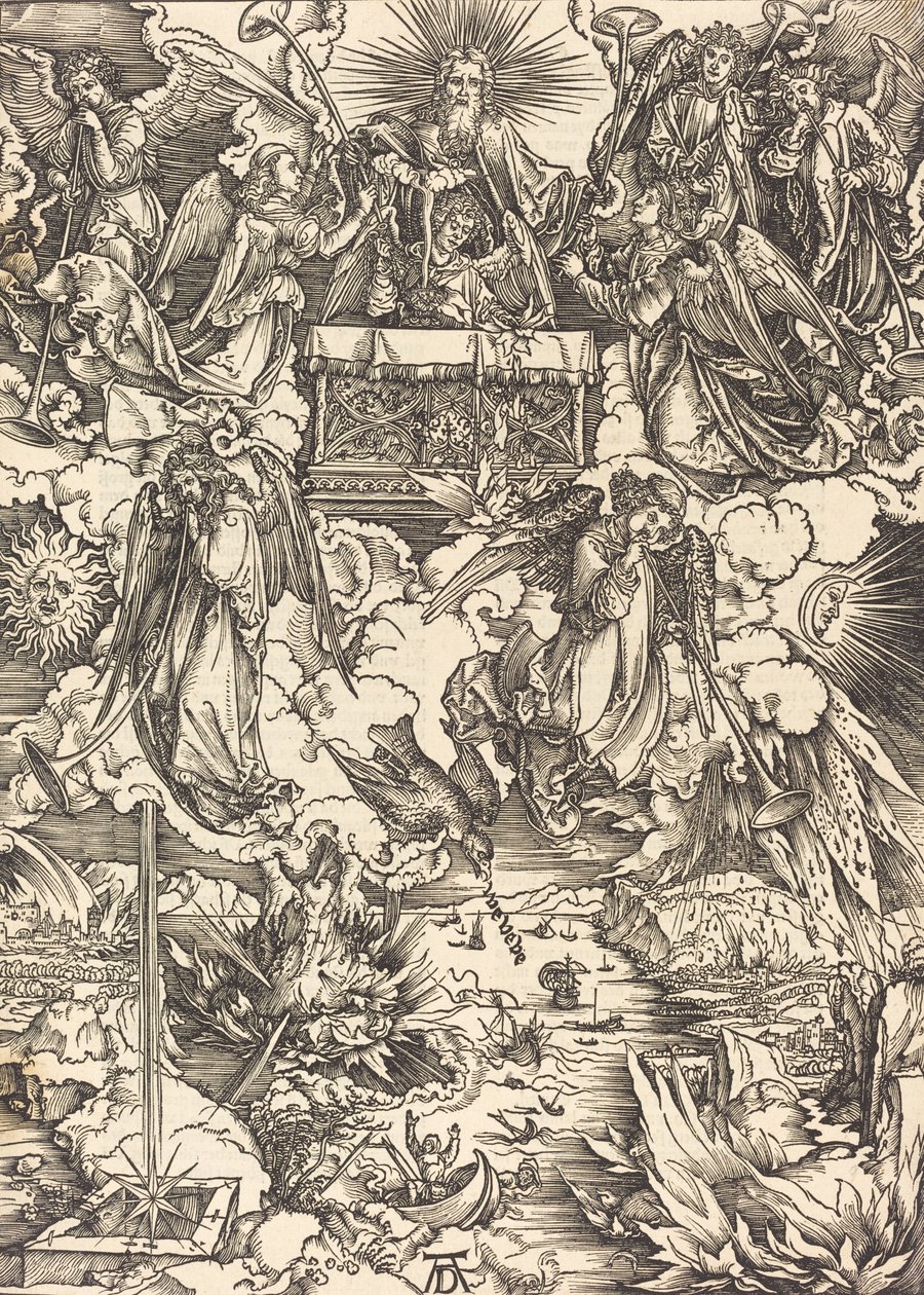 De syv englene med trompetene, sannsynligvis ca. 14961498. av Albrecht Dürer