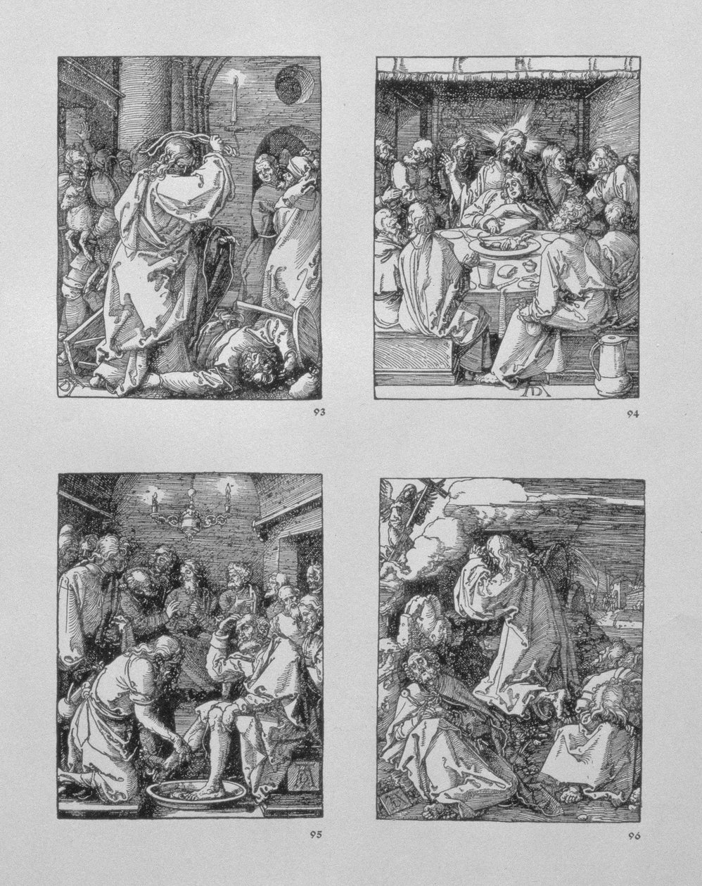 'Small Passion'-serien: (med klokken) Kristus utviser pengevekslerne fra templet; Det siste måltid; Kristus som vasker Peters føtter; Kval i hagen, pub.1511 av Albrecht Dürer