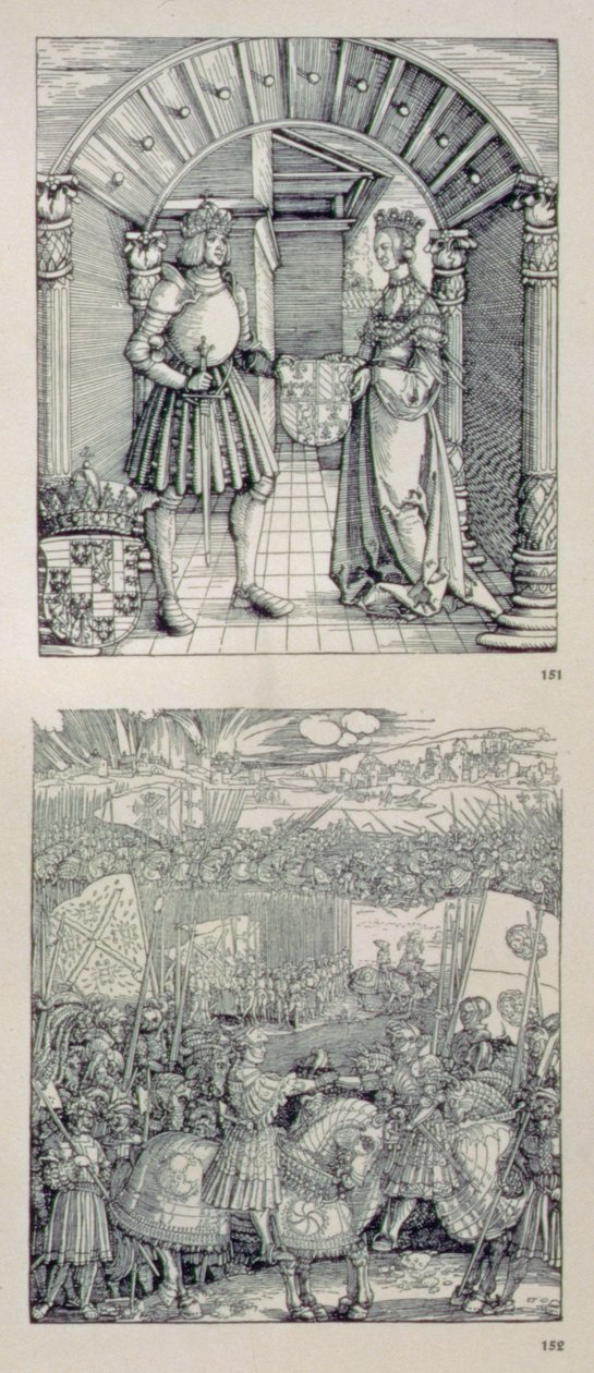 Triumfbuen til keiser Maximilian I av Tyskland (1459-1519): detalj som viser to paneler plassert over venstre portal som viser (øverst) Maximilian I og hans første kone Maria av Burgund (1457-82) av Albrecht Dürer