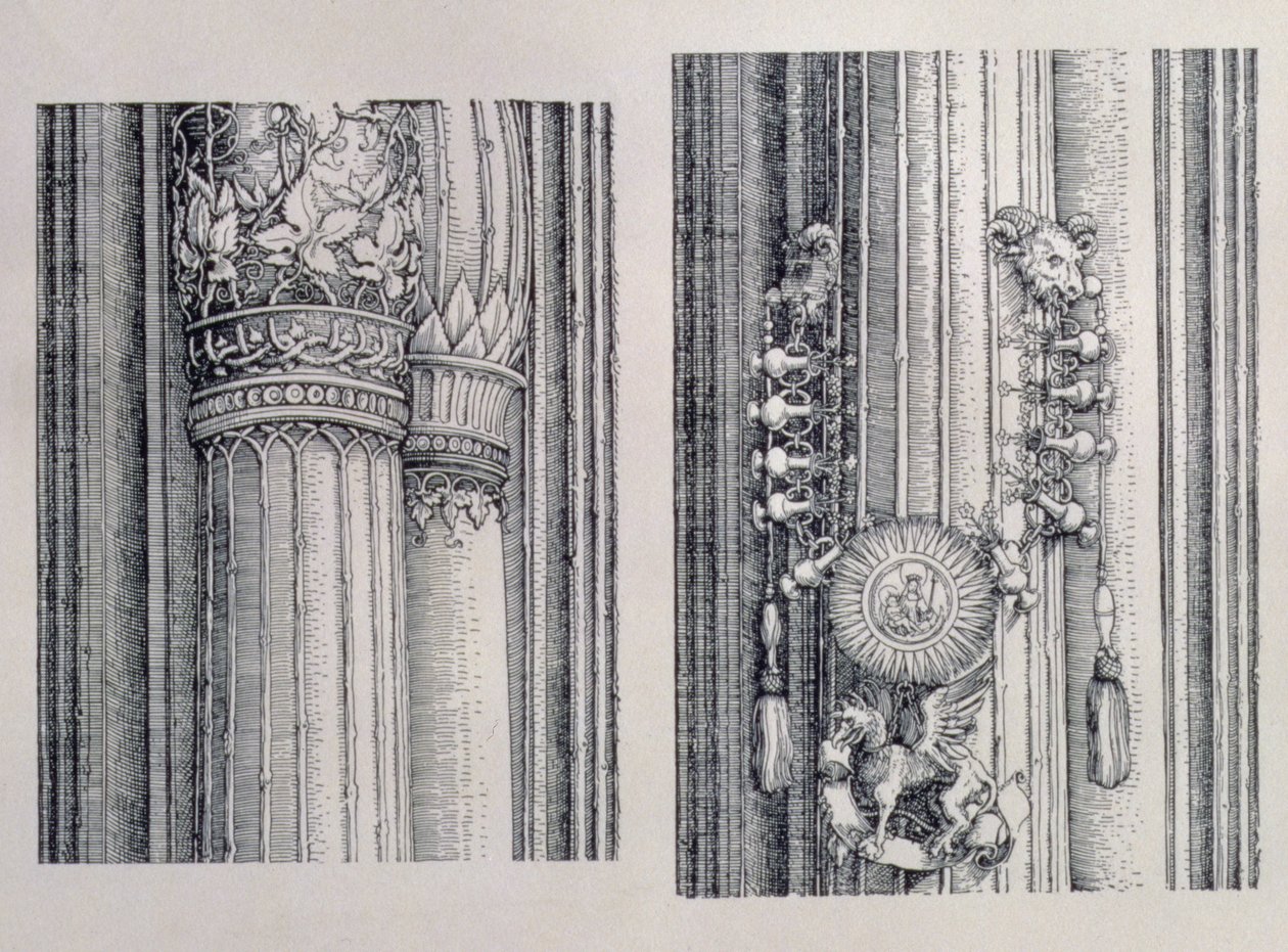 Triumfbuen til keiser Maximilian I av Tyskland (1459-1519): to detaljer om de sentrale æres- og maktportene som viser venstre søyle og hovedutsmykning, datert 1515, pub. 151718 (wo av Albrecht Dürer