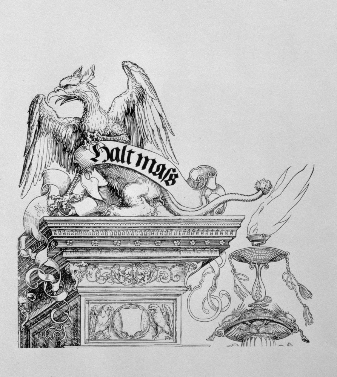 Triumfbuen til keiser Maximilian I av Tyskland 1459-1519: detalj av en bevinget griffin som holder en rulle, pub. 151718 tresnitt av Albrecht Dürer