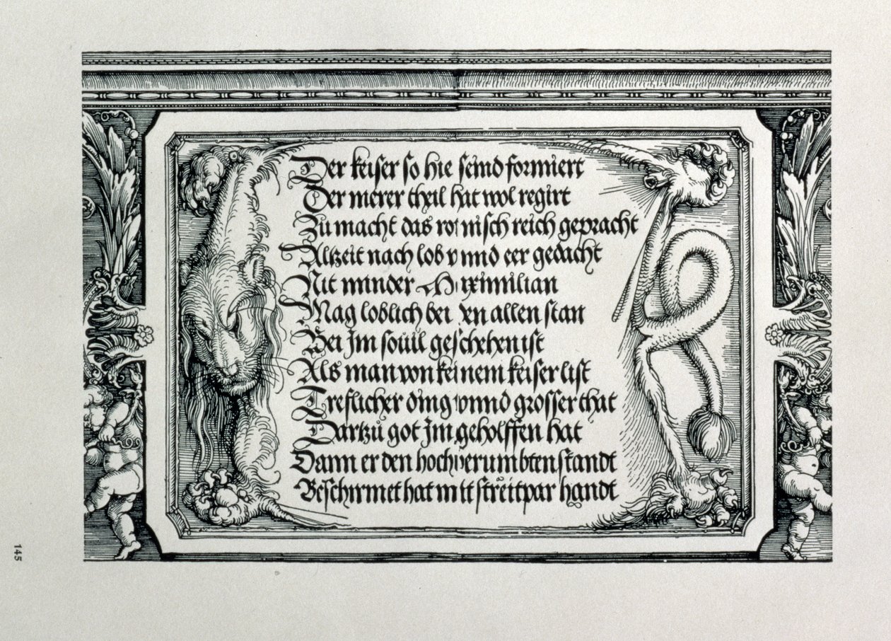 Triumfbuen til keiser Maximilian I av Tyskland 1459-1519: detalj av dekorativt oppsett som viser et løveskinn med en inskripsjon som hyller keiserens familieforbindelser, pub. 151718 tresnitt av Albrecht Dürer