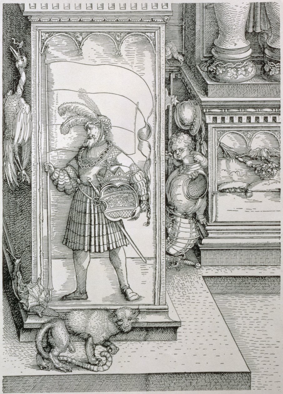 Triumfbuen til keiser Maximilian I av Tyskland 1459-1519: detalj av portalsøylebasen som bærer et utskåret relieff av en mannsfigur som bærer en standard og et kronet våpenskjold, pub. 151718 trec av Albrecht Dürer