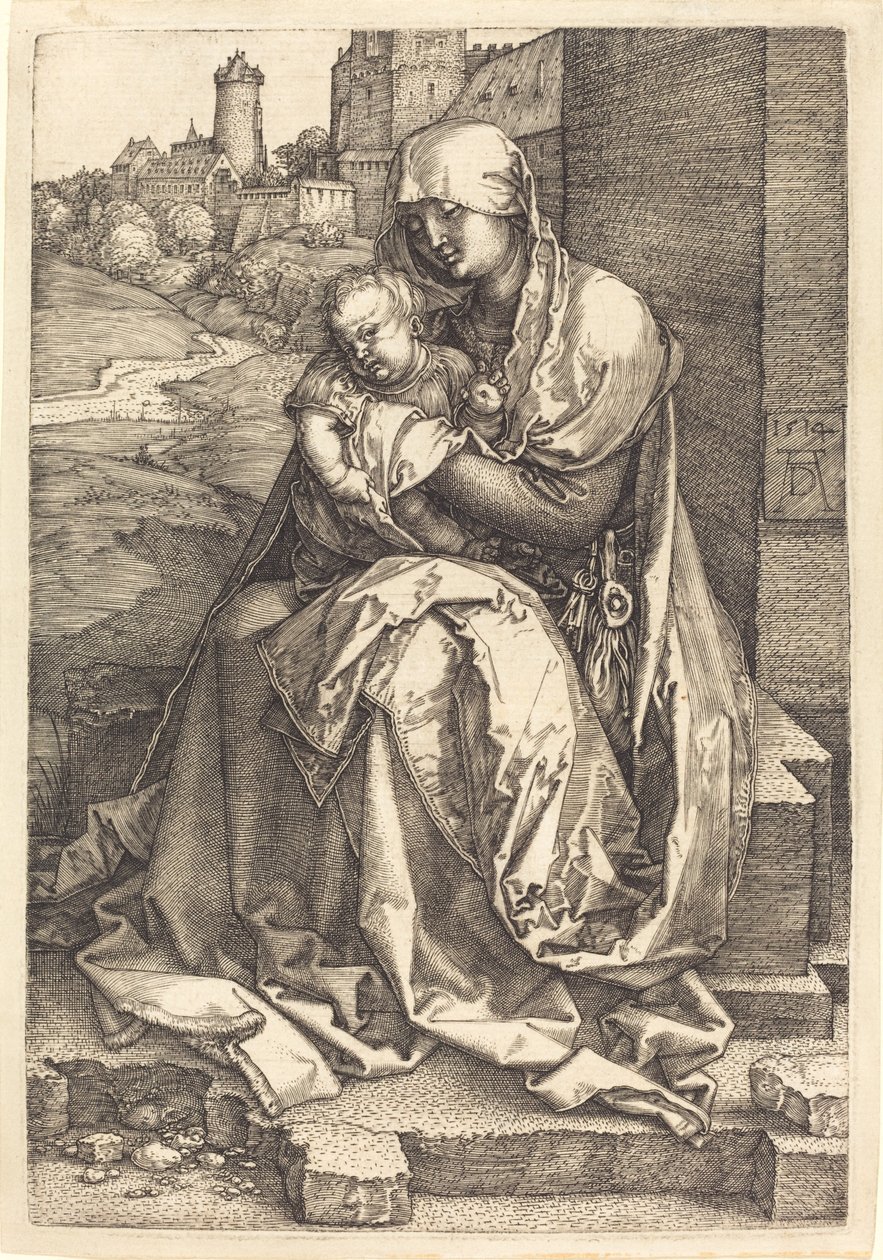 Jomfruen og barnet sitter ved veggen av Albrecht Dürer