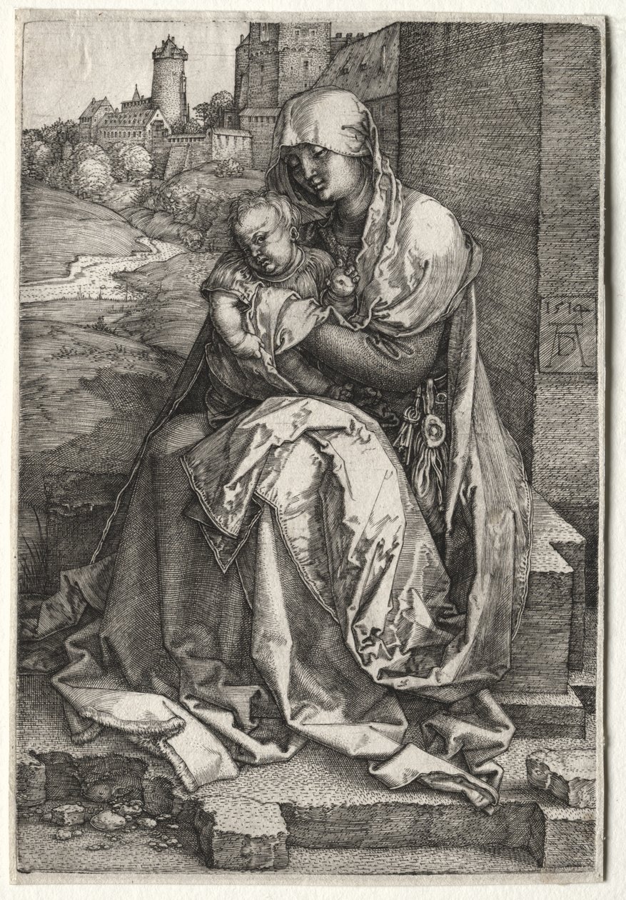 Jomfruen og barnet sittende ved veggen av Albrecht Dürer