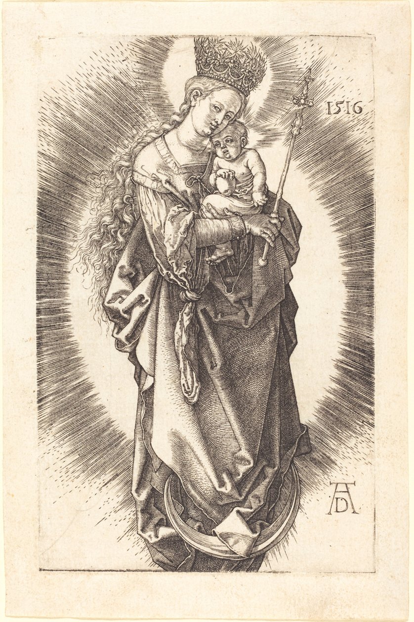 Jomfruen og barnet på en halvmåne med et septer og en stjernekrone av Albrecht Dürer