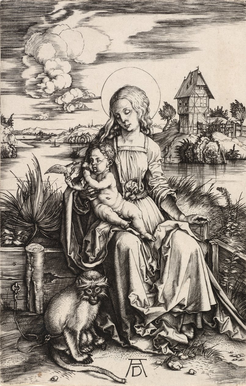 Jomfruen og barnet med apen, ca. 1498. av Albrecht Dürer