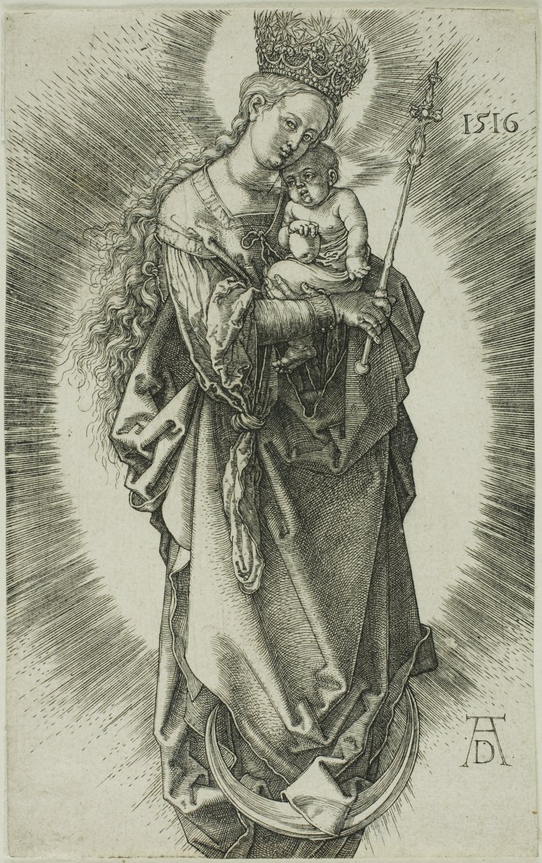 Jomfruen på en halvmåne med en krone av stjerner og et septer av Albrecht Dürer