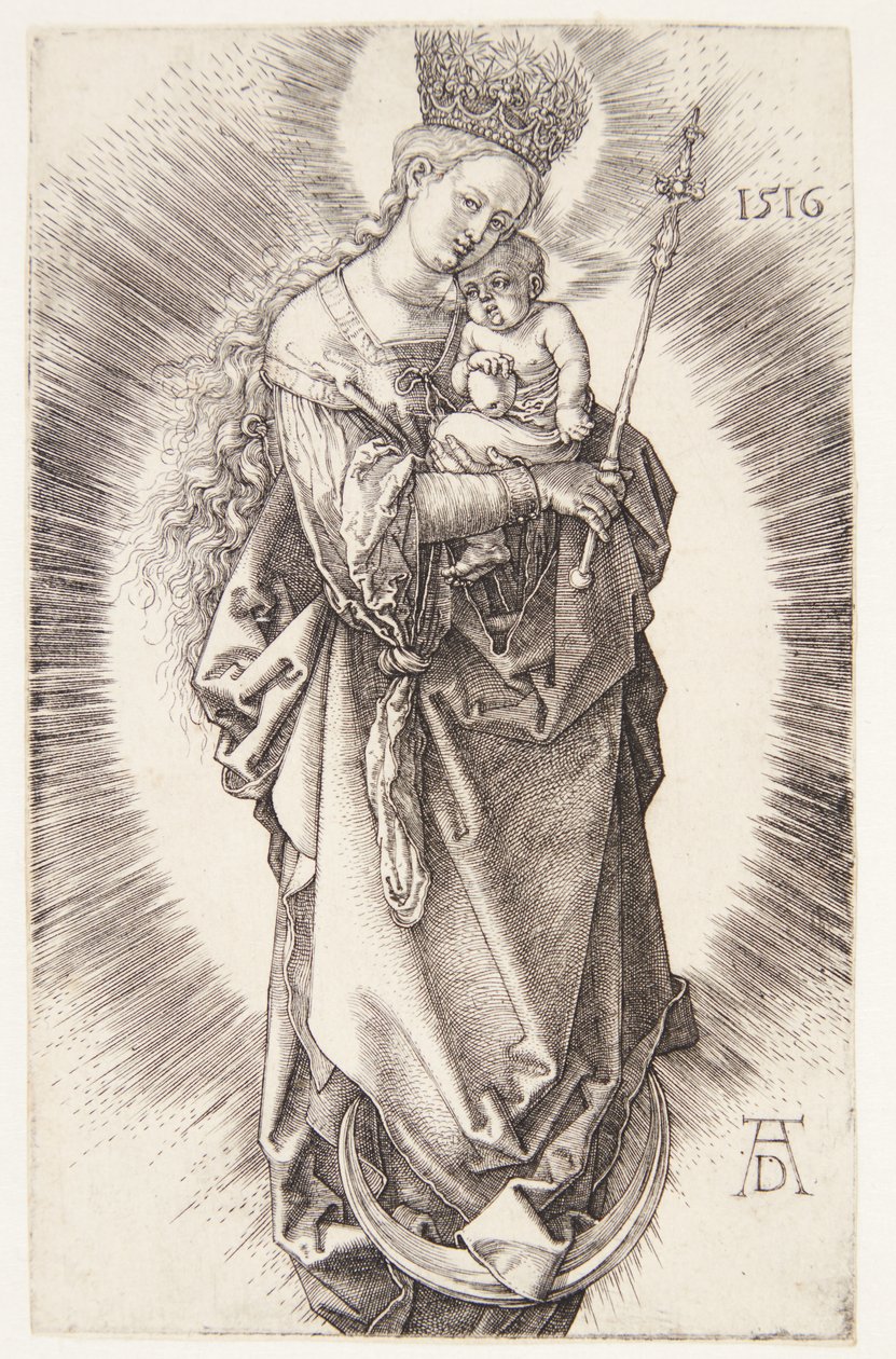 Jomfruen på en halvmåne med en krone av stjerner og et septer av Albrecht Dürer