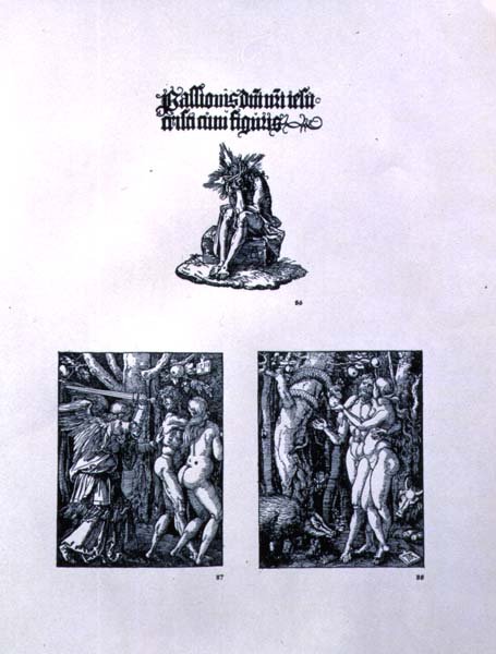 Tre sider fra Small Passion-serien: (øverst) tittelblad med Kristus som sorgens mann og en latinsk inskripsjon; (til venstre) Utvisningen fra paradis; (til høyre) Adam og Eva, pub. 1511 av Albrecht Dürer