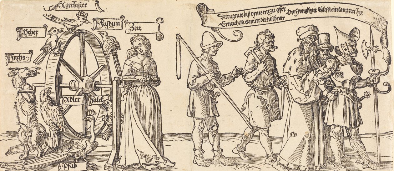 Tid og en rev som snur lykkehjulet med folk i alle rangerer til høyre, sannsynligvis 1526. av Albrecht Dürer