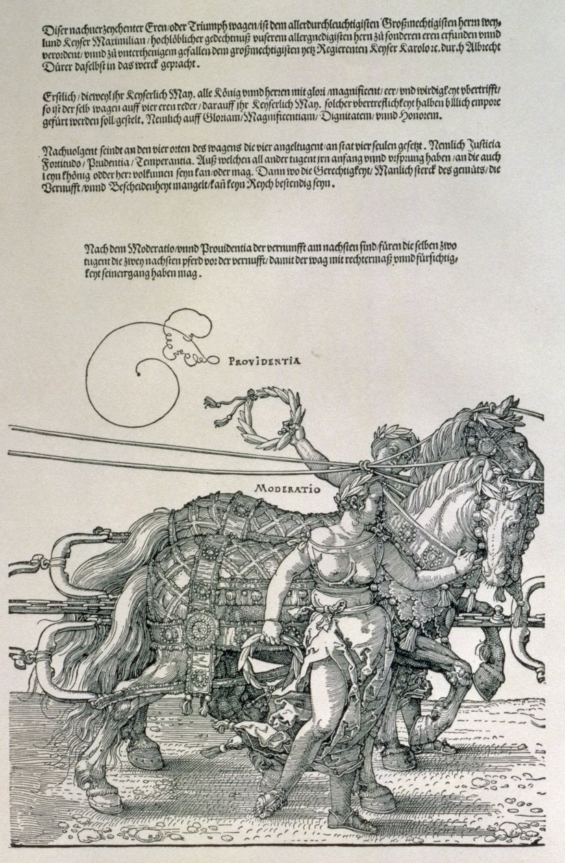 Triumfvogn av keiser Maximilian I av Tyskland (1459-1519): detalj av hestelagene, guidet av to dyder, Providence and Moderation, pub. ca. 1518 (tresnitt) av Albrecht Dürer