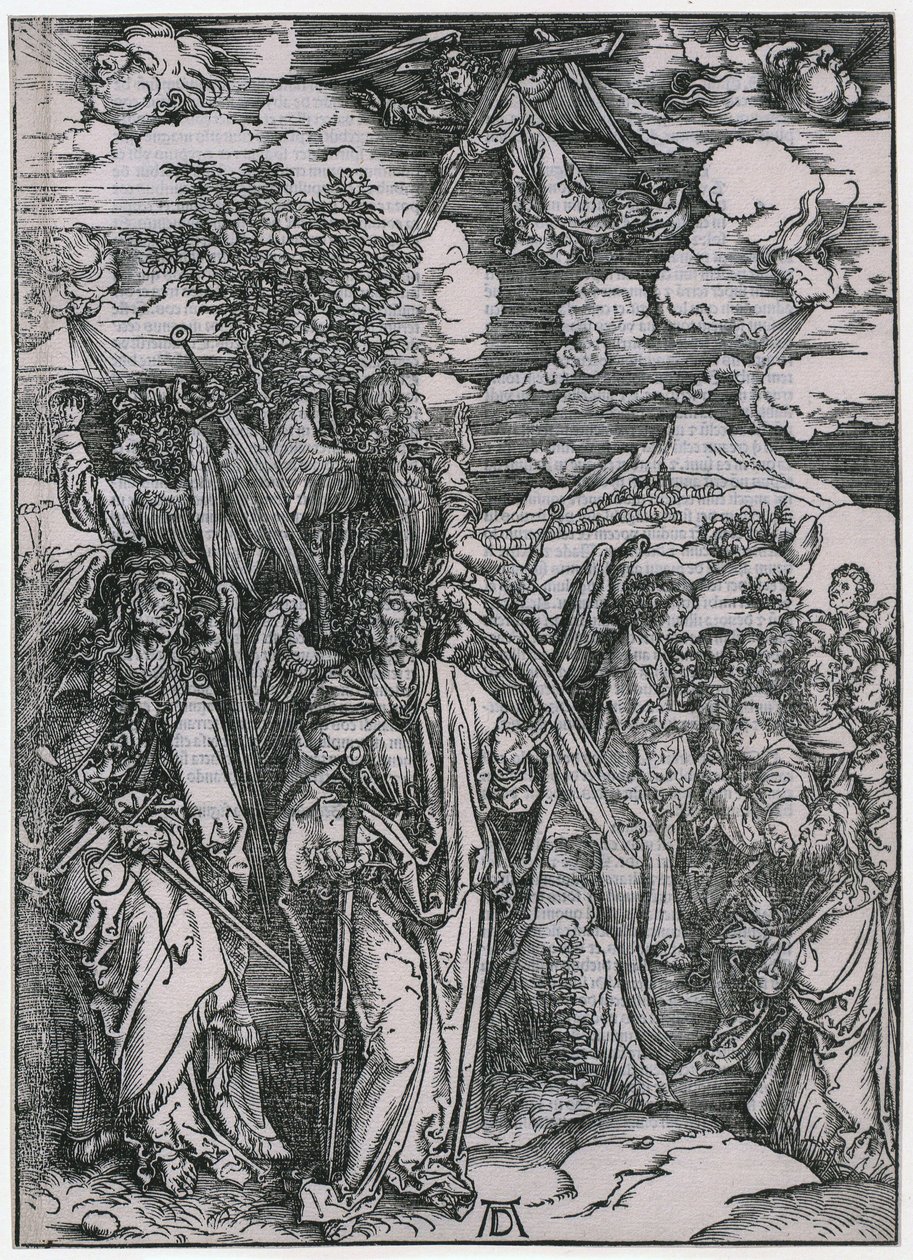 Fire engler som holder vindene tilbake / De utvalgtes forsegling, figur V, blad 7 i serien «Apokalypsen» av Albrecht Dürer