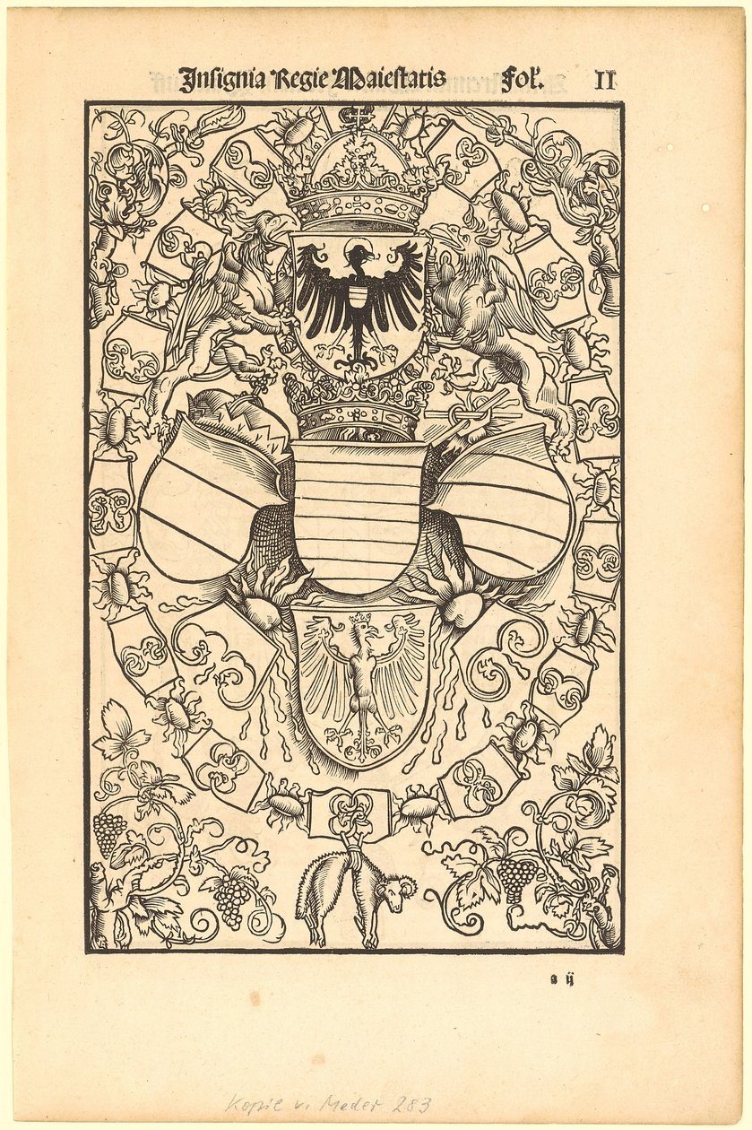 Våpenskjoldet til Maximilian I som romersk konge [recto]; Våpenskjoldet til Florian Waldauf (Waldauff) fra Waldenstein [verso] av Albrecht Dürer