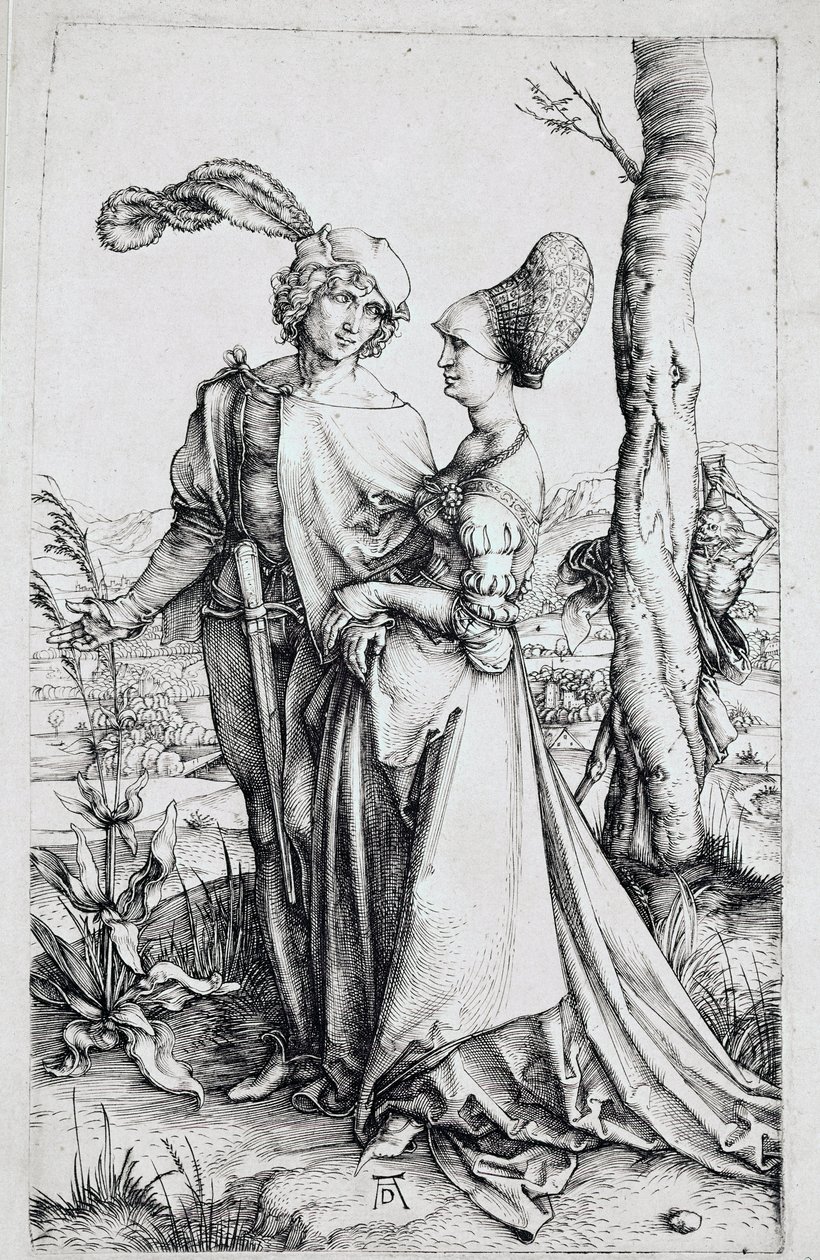 Et par som går, overvåket av Døden gjemt bak et tre, holder et timeglass). Gravering av Albrecht Durer (1471-1528) 1496-1498 Dim. 19x12 cm Berlin, graveringsskap av Albrecht Dürer