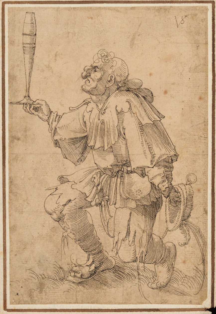 En grotesk mann på kne og holder et høyt ølglass ved basen av Albrecht Dürer