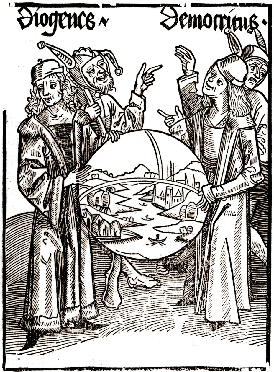 Diogenes (-413 - -327) og Democritus (-460 - -370) - i "" Das Narrenschif (Nårenes båt)" av Sébastien Brandt (1458 - 1521). Gravering. av Albrecht Dürer