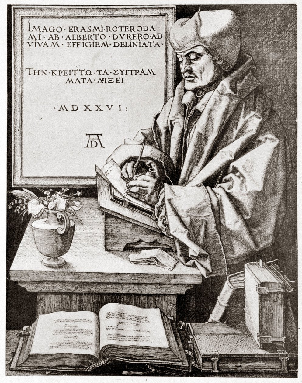 Erasmus til hans forfatterskap - gravering av Albrecht Durer gjengitt på begynnelsen av 1900-tallet. av Albrecht Dürer