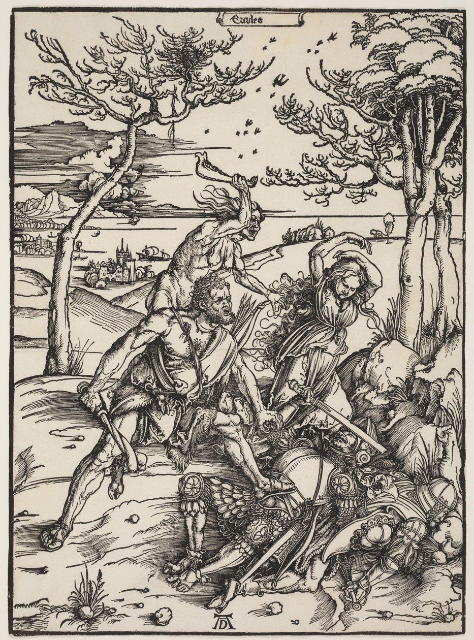 Hercules Conquering Cacus, ca. 1496 (tresnitt) av Albrecht Dürer