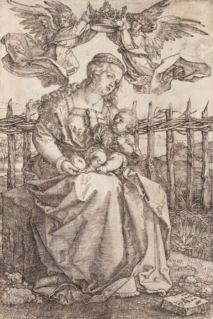 Jomfru Maria kronet av to engler - Kobberstikk av Albrecht Durer (1471-1528) av Albrecht Dürer
