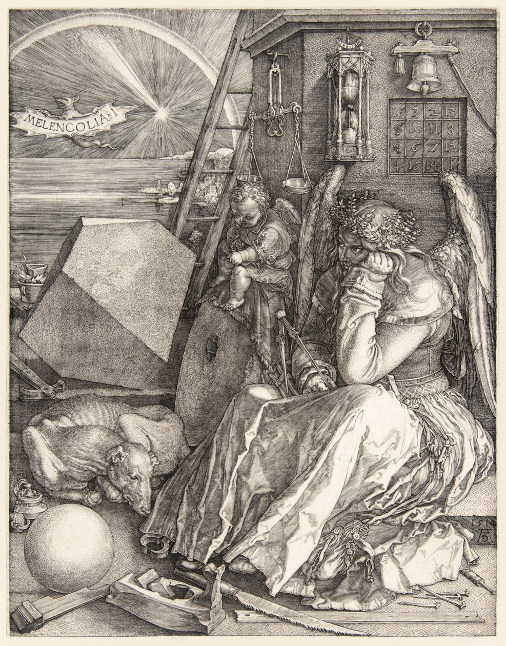 Melencolia I av Albrecht Dürer (1471-1528) på av hans 3 mestergraveringer ferdigstilt i 1514. av Albrecht Dürer