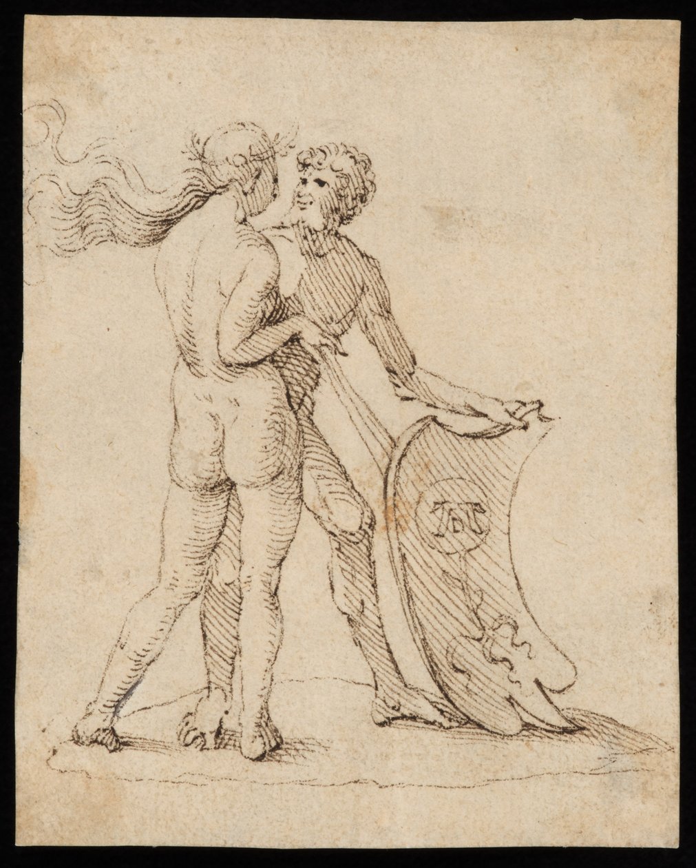 Naken kvinne og mann med skjoldet med våpenskjoldet til Willibald Pirckheimer av Albrecht Dürer