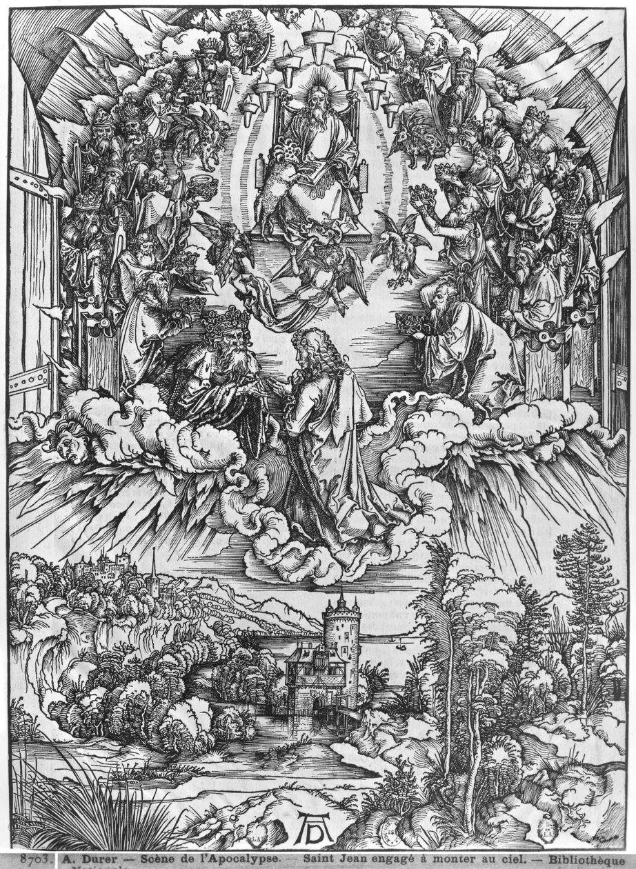 Scene fra Apokalypsen, St. Johannes før Gud Faderen og de tjuefire eldste, tysk utgave av Albrecht Dürer