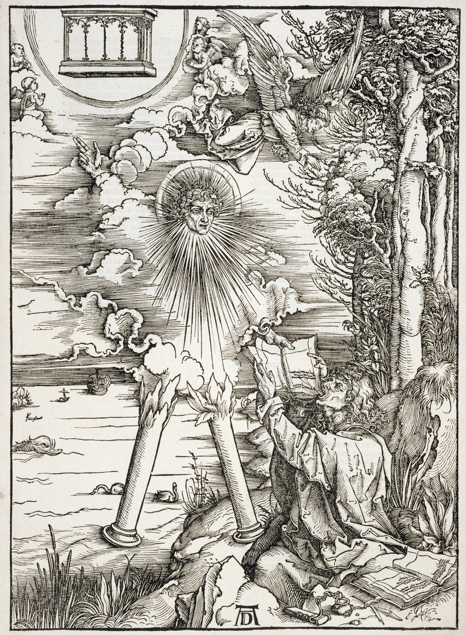 Scene fra Apokalypsen, St. John fortærer boken, latinsk utgave av Albrecht Dürer