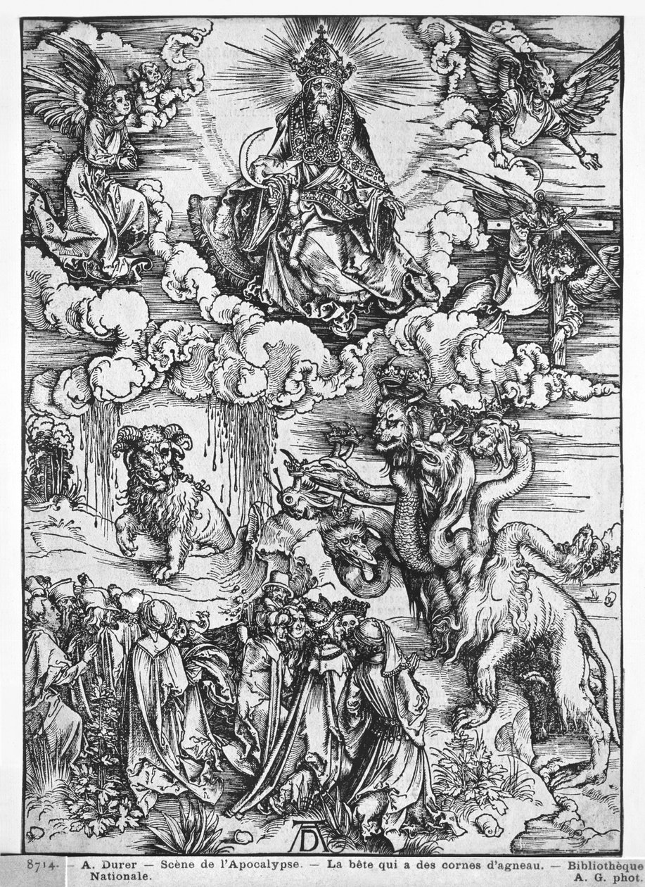 Scene fra apokalypsen, den syvhodede og tihornede dragen (tresnitt) (s/hvitt-bilde) av Albrecht Dürer