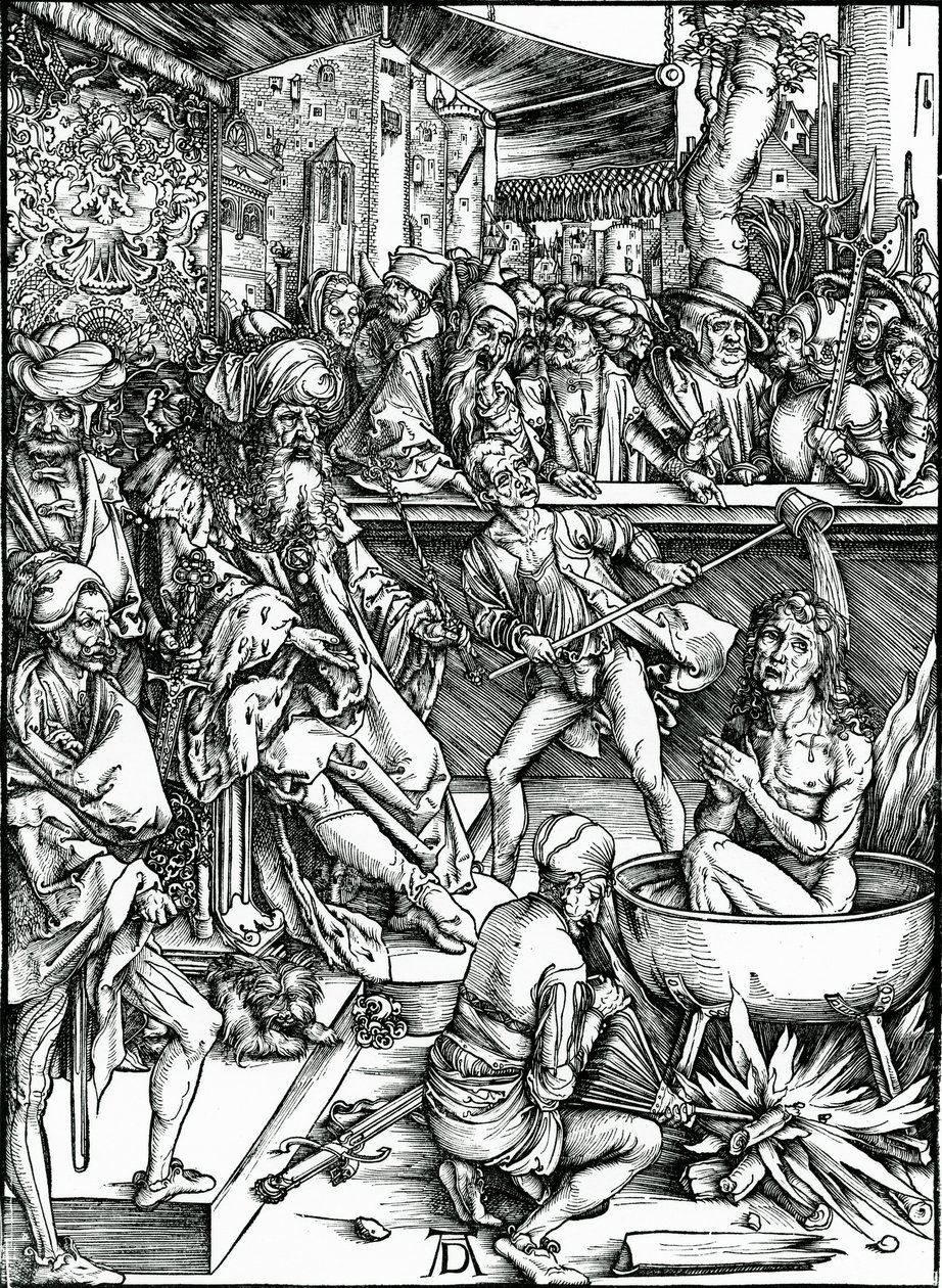 St. Johannes evangelisten blir torturert i et kar med kokende olje, fra 'Apocalypse'-serien av Albrecht Dürer