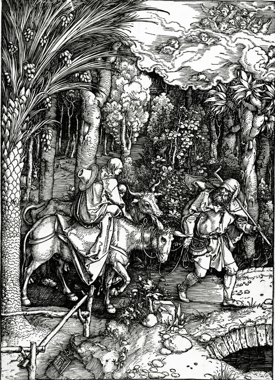 The Flight into Egypt, fra 'Life of the Virgin'-serien, utgitt i 1511 (tresnitt) av Albrecht Dürer