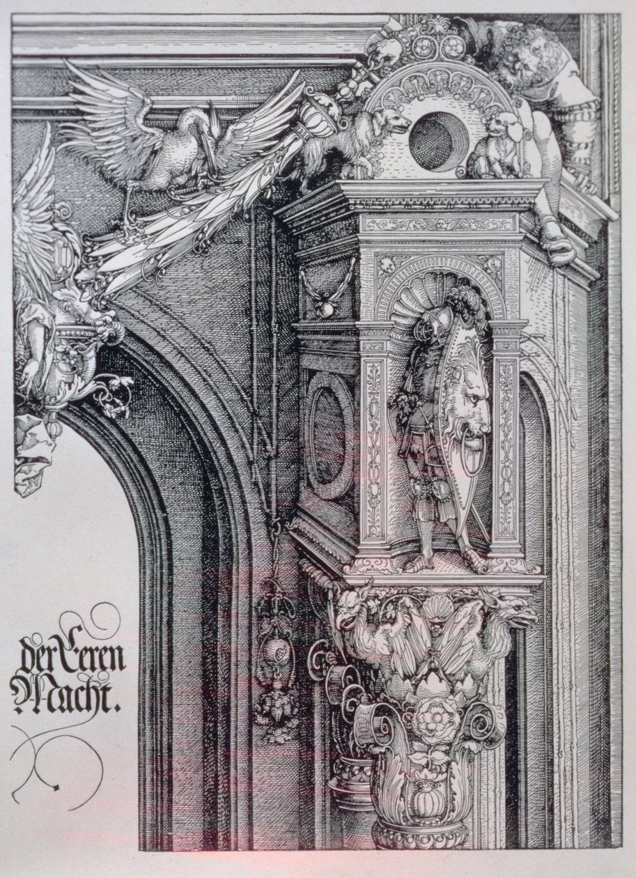 Triumfbuen til keiser Maximilian I (1459-1519): detalj av sentralbuen (æres- og maktporten) som viser en blad og animert søylekapittel som støtter en ridder som står i en arkitektonisk nisje, en figur som holder den ene siden av en hengende kartong av Albrecht Dürer