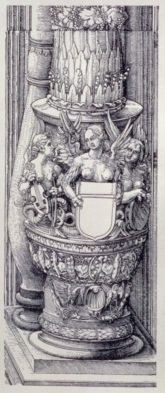 Triumfbuen til keiser Maximilian I av Tyskland (1459-1519): detalj av sentrale Gates of Honor and Power, venstre søylebase pyntet med bånd av løvverk og bevingede kvinnelige griffiner, datert 1515, pub. 1517/18 (tresnitt) av Albrecht Dürer