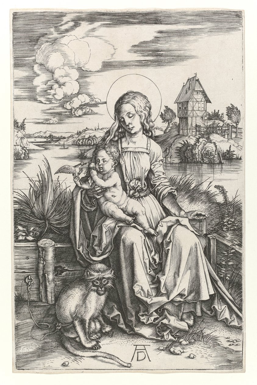 Jomfruen med apen, ca. 1498 (Burin-gravering) av Albrecht Dürer